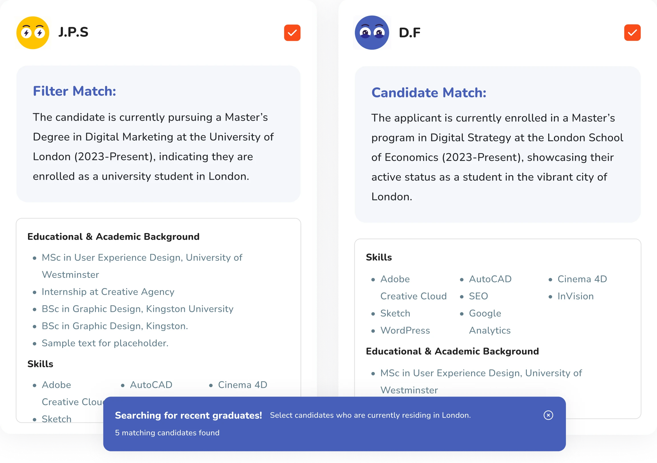 JBox candidates interface mockup
